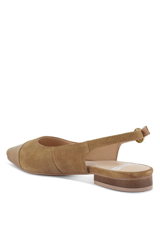 Tan slingback flats, pointed toe and low block heel with wide strap across