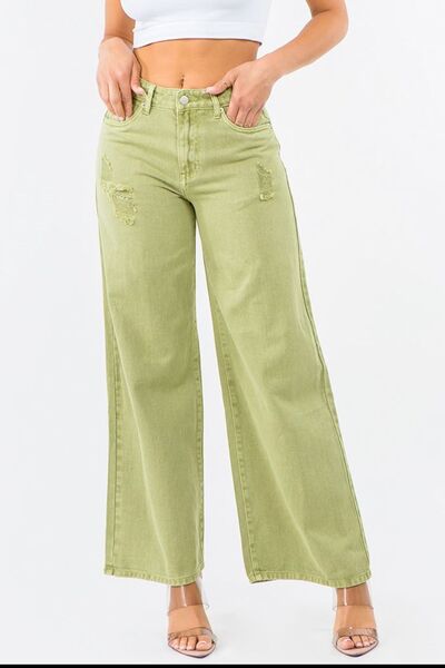 Yellow-Green High Waist Distressed Wide Leg Jeans | Tigbuls