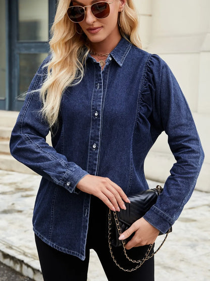 Button Down Collared Neck Denim Shirt - Tigbul's Variety Fashion Shop