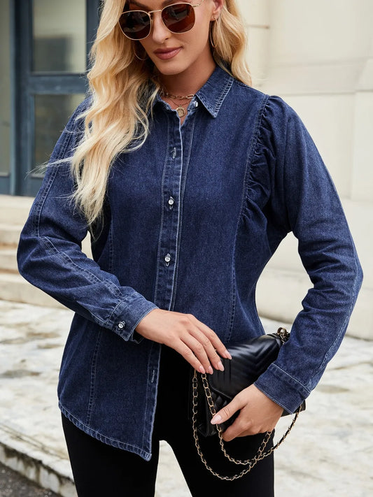 Button Down Collared Neck Denim Shirt - Tigbul's Variety Fashion Shop