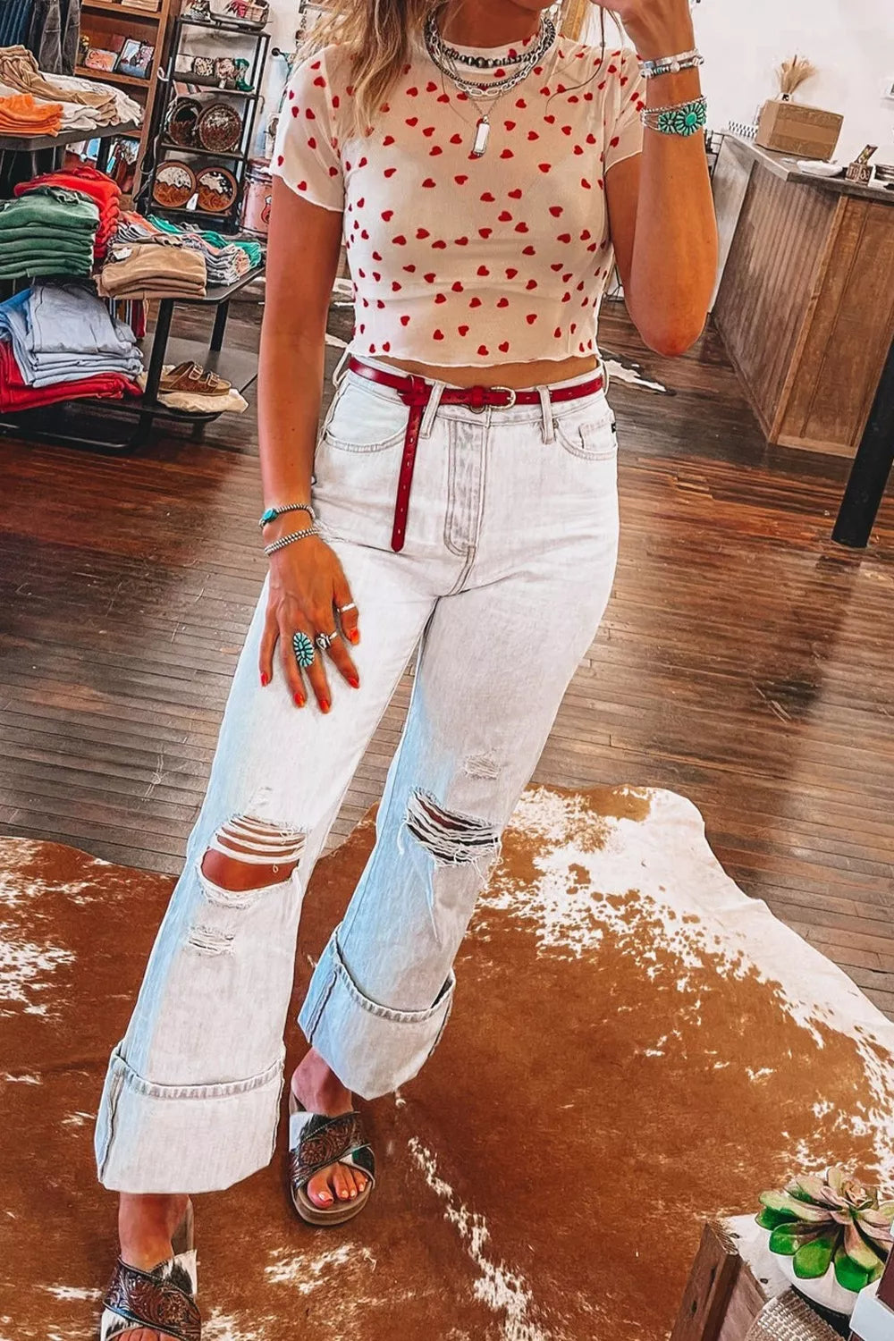 Heart Print Mesh Short Sleeve Top - Tigbul's Variety Fashion Shop