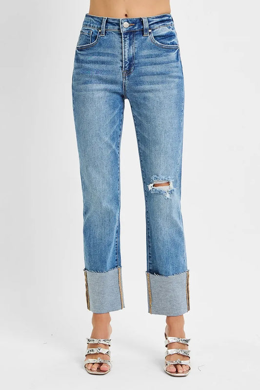 RISEN Full Size High Rise Ankle Straight Wide Cuffed Jeans Plus Size - Tigbul's Variety Fashion Shop