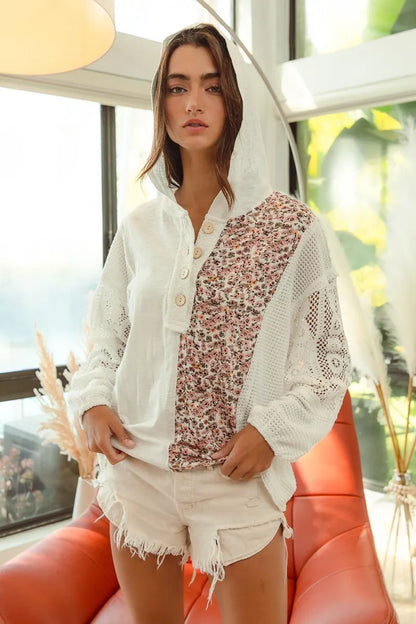 BiBi Slub Jersey with Lace Combo Buttoned Hoodie Top - Tigbul's Variety Fashion Shop