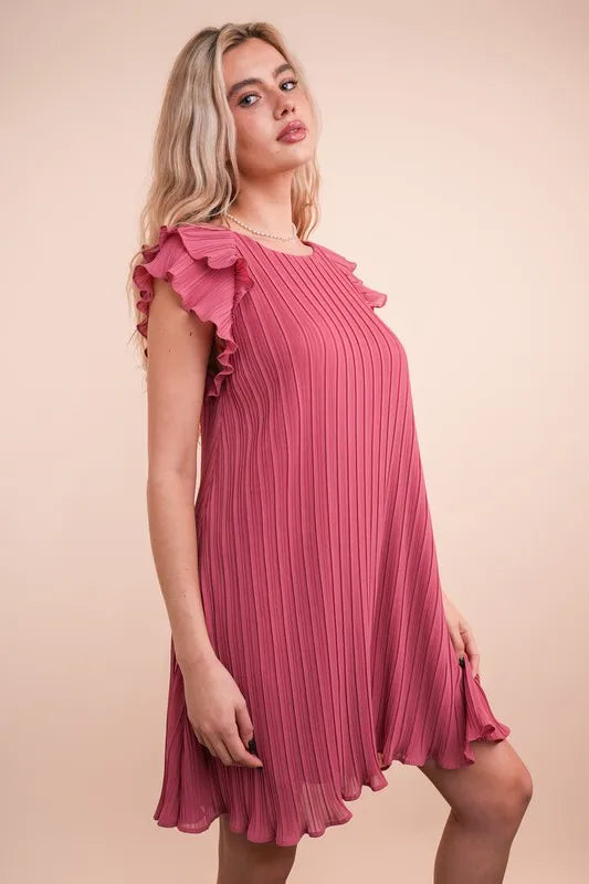 Mauve Plus Size Ruffle Sleeve Pleated Woven Mini Dress - Tigbul's Variety Fashion Shop