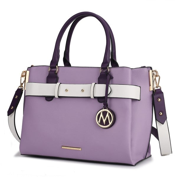 Jamie satchel in lavender with white front strap, M-logo charm, gold hardware