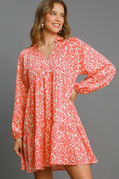 Coral Color Two Tone Print Balloon Sleeve Tiered Dress - Tigbul's Variety Fashion Shop