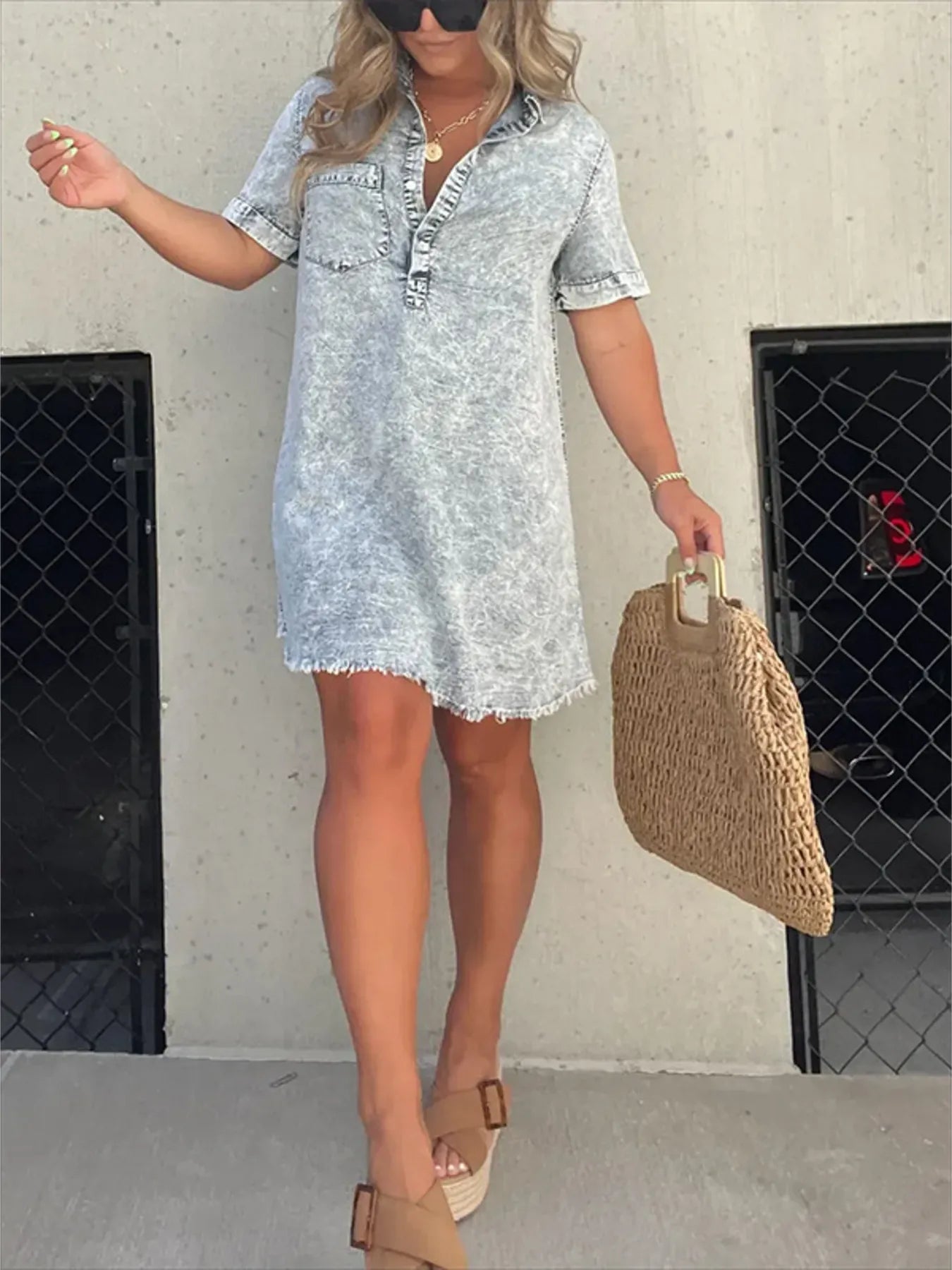 Full Size Raw Hem Short Sleeve Denim Dress Plus Size - Tigbul's Variety Fashion Shop