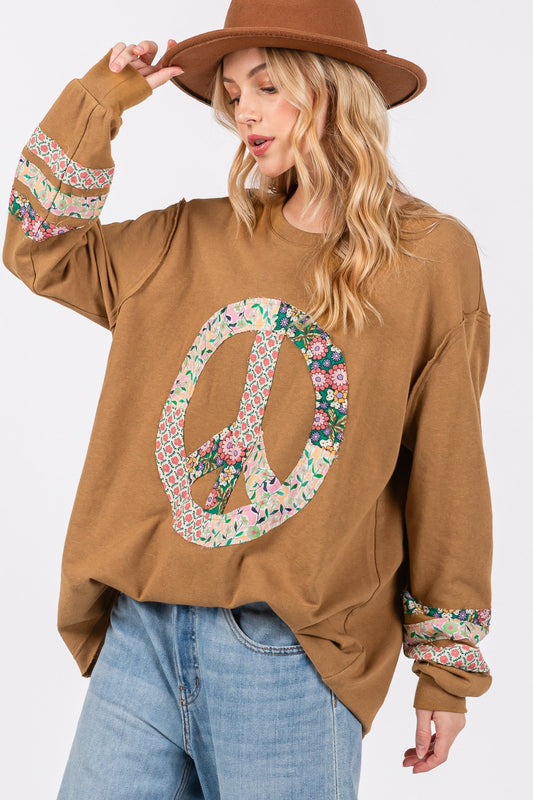 SAGE + FIG Peace Applique Patch Long Sleeve Top - Tigbul's Variety Fashion Shop