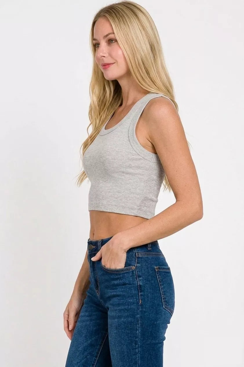 H Grey ribbed scoop neck cropped tank, side profile