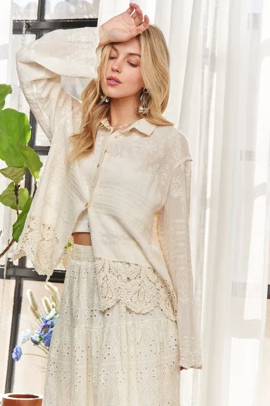 Beige Crochet Lace Long Sleeves Button Down Shirt - Tigbul's Variety Fashion Shop