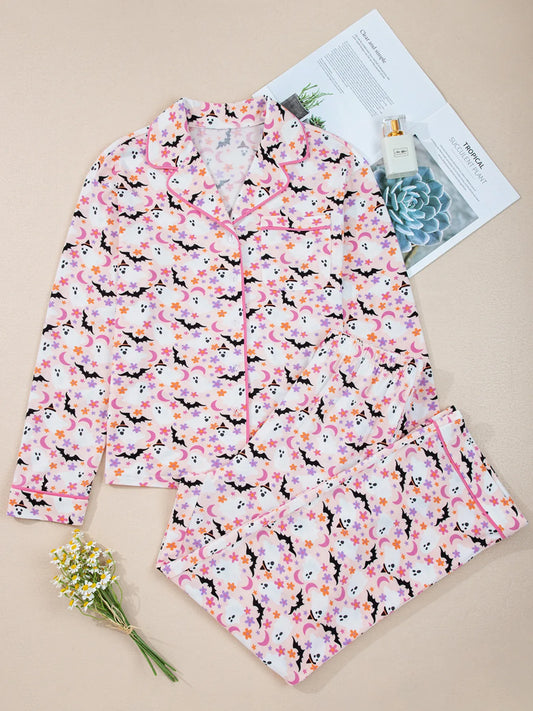 Halloween Ghost Print Button Up Top and Pants Lounge Set - Tigbul's Variety Fashion Shop