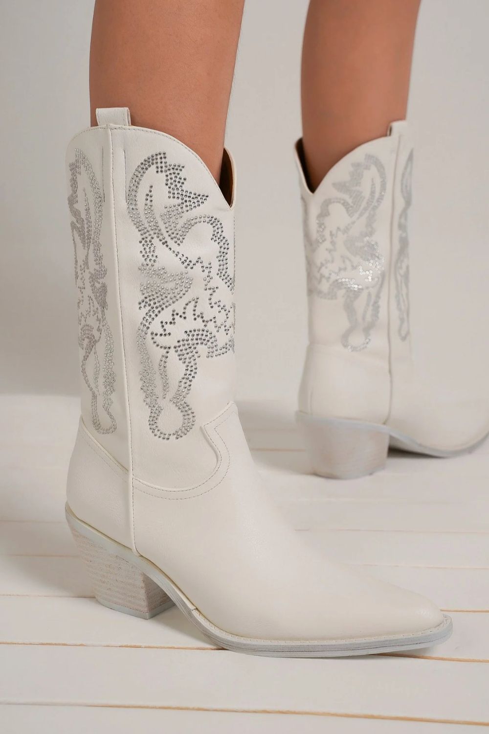 White Rhinestone Detail Point Toe Boots - Tigbul's Variety Fashion Shop