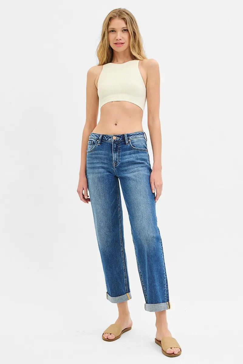 RISEN Full Size Mid Rise Boyfriend Roll Up Jeans Plus Size - Tigbul's Variety Fashion Shop