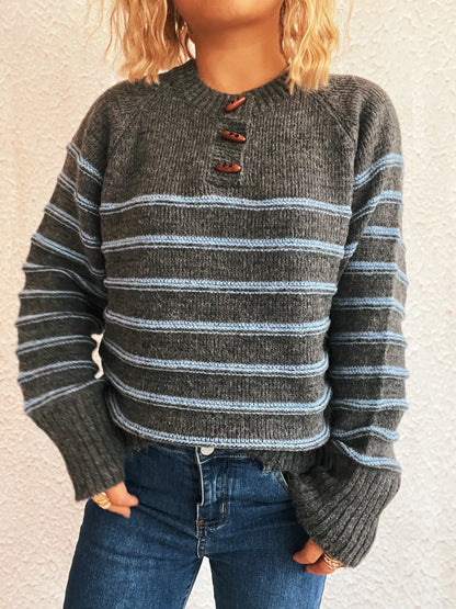 Striped Button Detail Long Sleeve Sweater - Tigbul's Variety Fashion Shop
