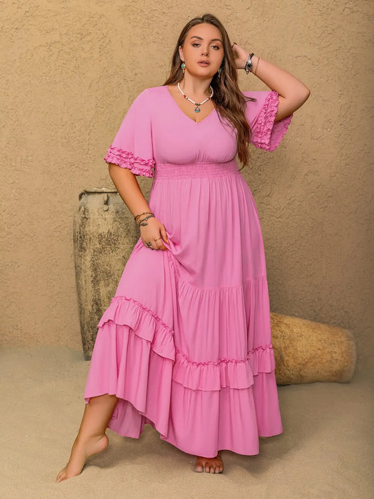 Plus Size V-Neck Half Sleeve Pink Maxi Dress - Tigbul's Variety Fashion Shop