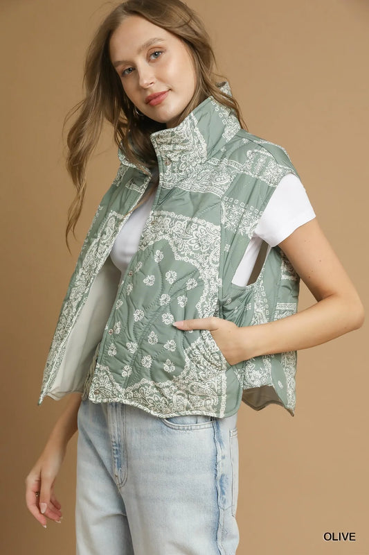 Umgee Bandana Print Quilted Puffer Vest - Tigbul's Variety Fashion Shop