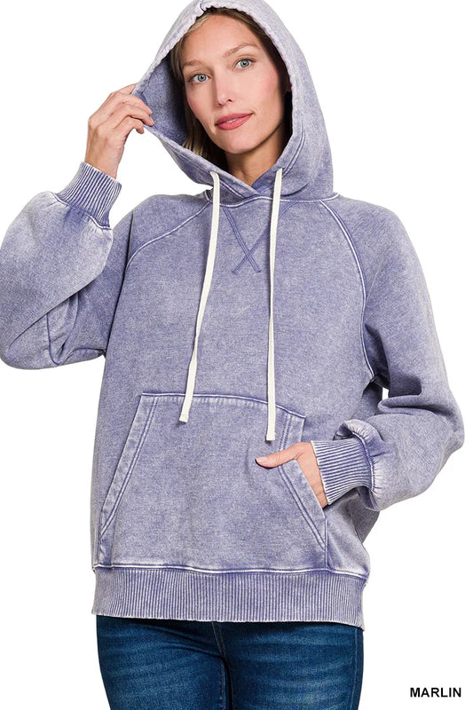 Zenana Acid Wash Fleece Hoodie with Kangaroo Pocket - Tigbul's Variety Fashion Shop