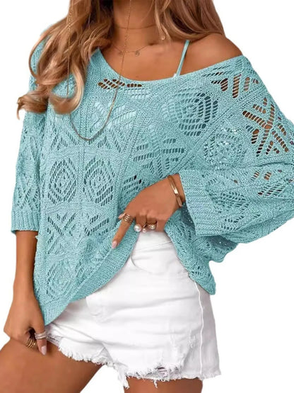Openwork 3/4 Sleeve Knit Cover Up - Tigbul's Variety Fashion Shop