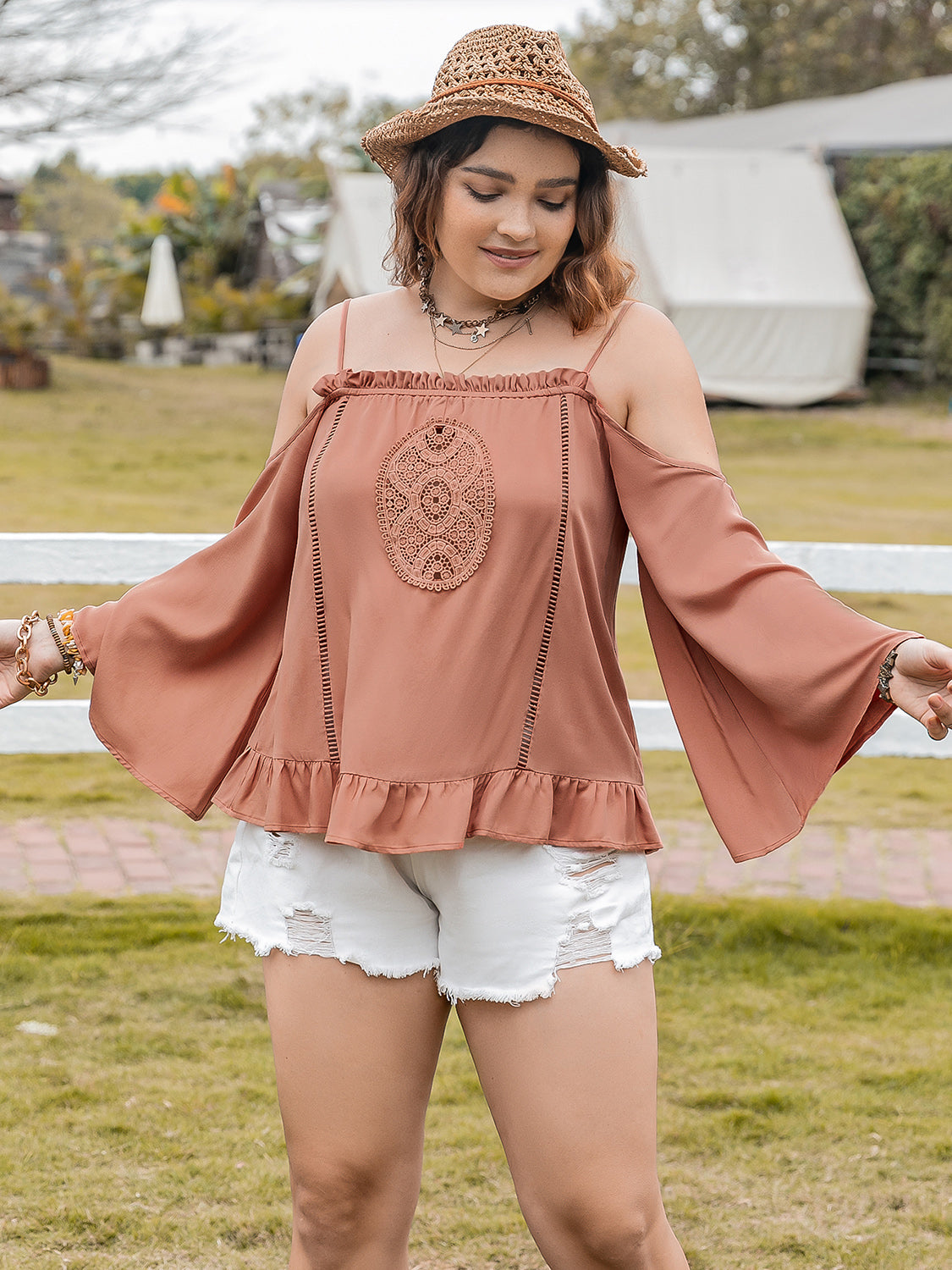 Plus Size Frill Square Neck Long Sleeve Blouse - Tigbul's Variety Fashion Shop