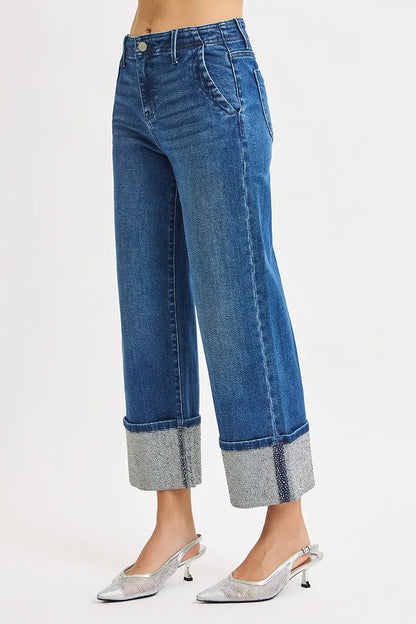 RISEN High Rise Ankle Wide Rhine Stone Cuffed Jeans - Tigbul's Variety Fashion Shop