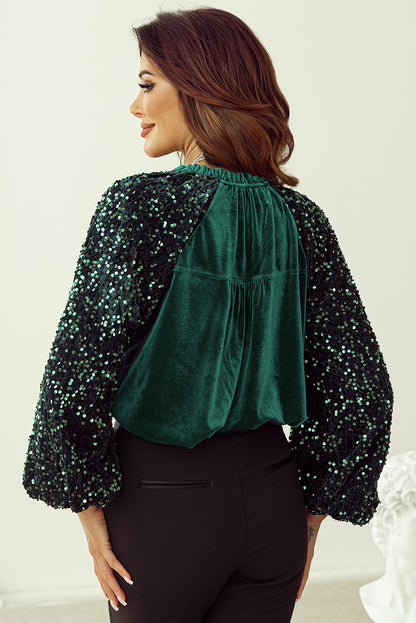 Sequin Notched Long Sleeve Blouse - Tigbul's Variety Fashion Shop