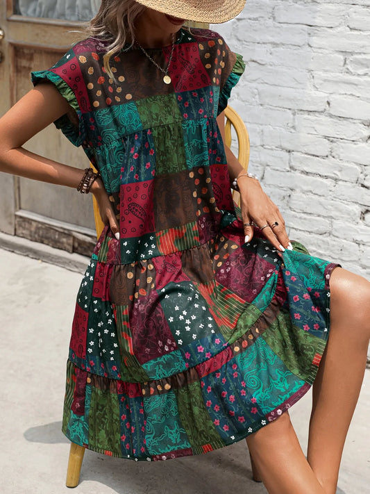 Burgundy Color Block Print Short Sleeve Mini Dress - Tigbul's Variety Fashion Shop