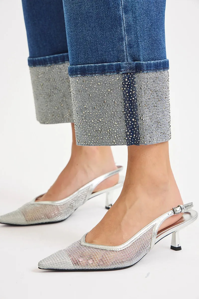 RISEN High Rise Ankle Wide Rhine Stone Cuffed Jeans - Tigbul's Variety Fashion Shop