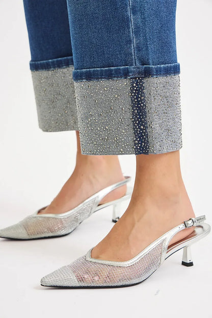 RISEN High Rise Ankle Wide Rhine Stone Cuffed Jeans - Tigbul's Variety Fashion Shop