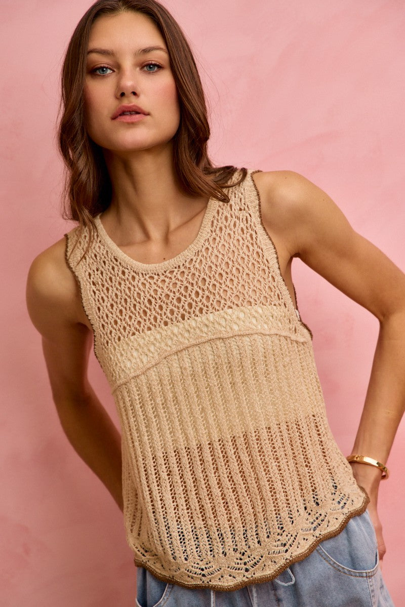 Oatmeal crochet lace light weight sweater vest, sleeveless design with ribbed lower section