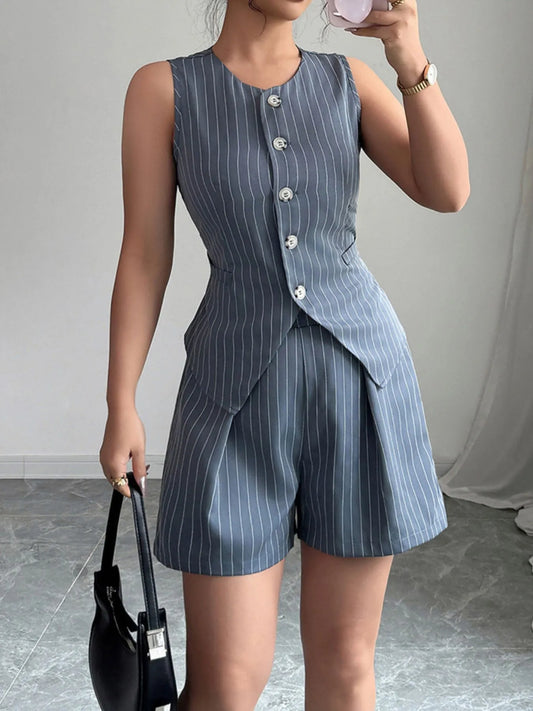 Striped Button Up Vest and Shorts Set - Tigbul's Variety Fashion Shop