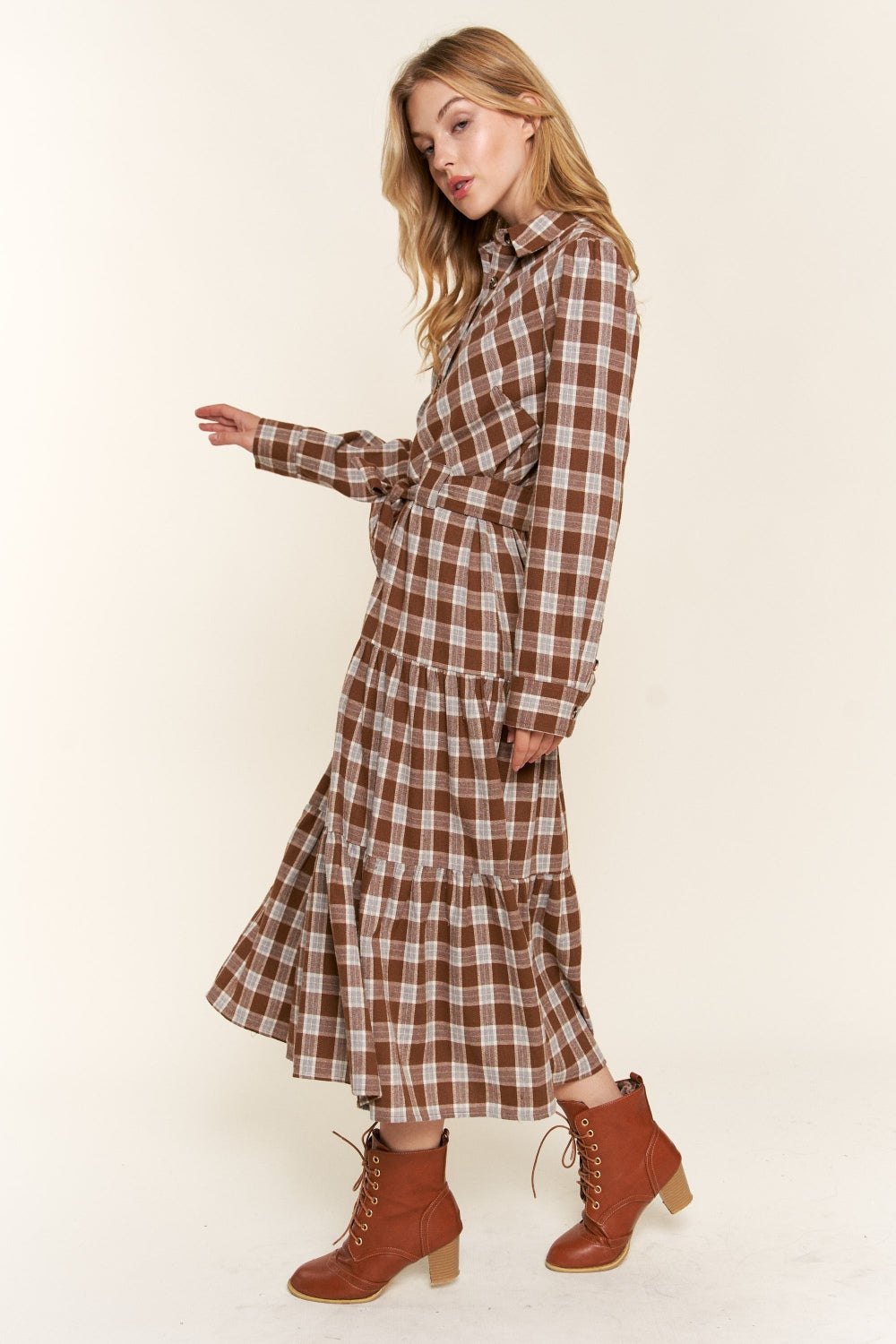 And the Why Plaid Tiered Midi Shirt Dress - Tigbul's Variety Fashion Shop