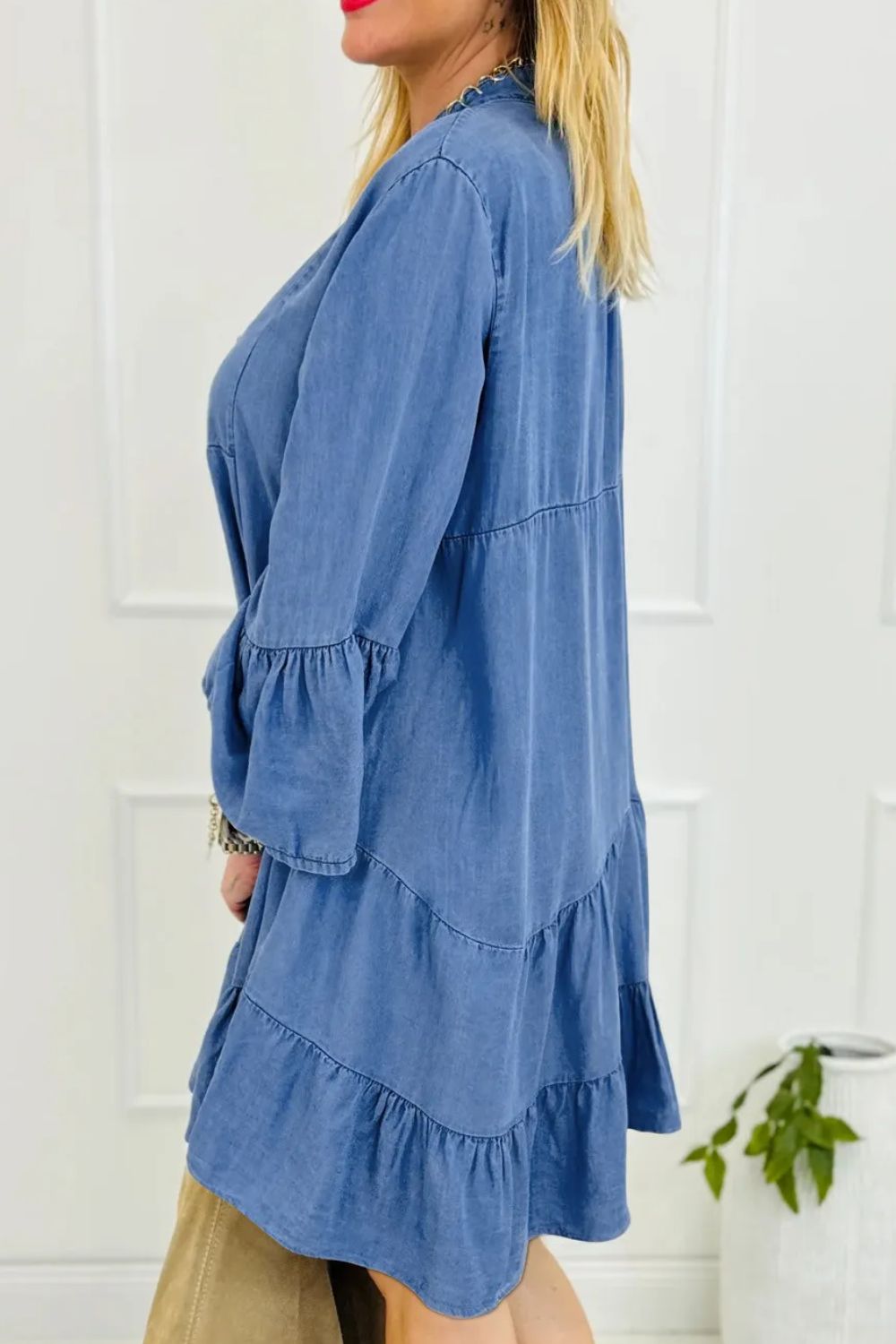 Notched Flare Sleeve Denim Dress - Tigbul's Variety Fashion Shop