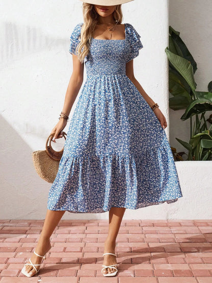 Blue Floral Smocked Square Neck Midi Dress - Tigbul's Variety Fashion Shop