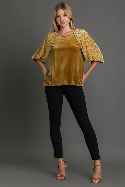 Umgee Round Neck Leopard Balloon Sleeve Velvet Top - Tigbul's Variety Fashion Shop