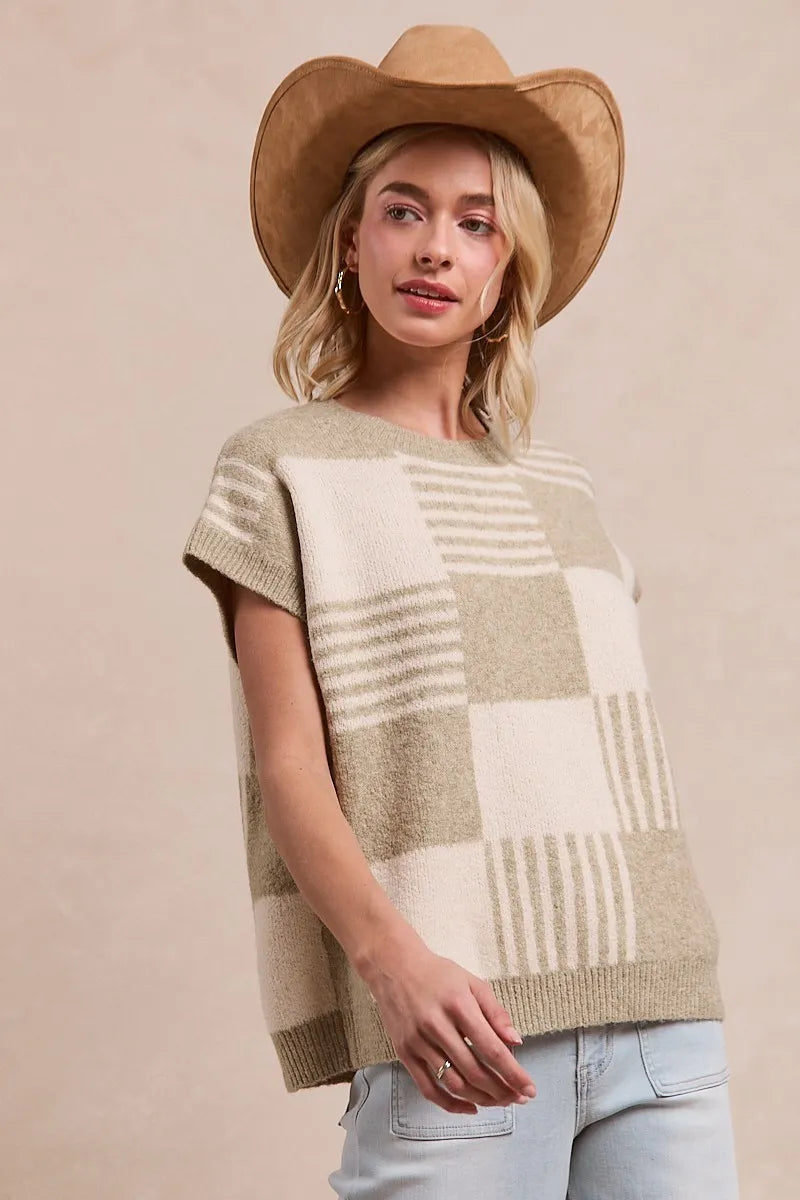 Checker With Stripes Pattern Sleeveless Sweater - Tigbul's Variety Fashion Shop