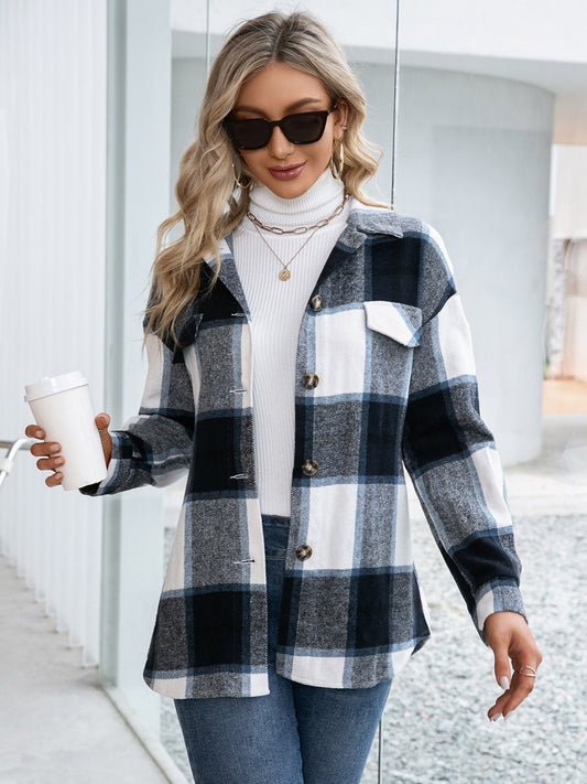 Plaid Button Up Long Sleeve Shacket - Tigbul's Variety Fashion Shop