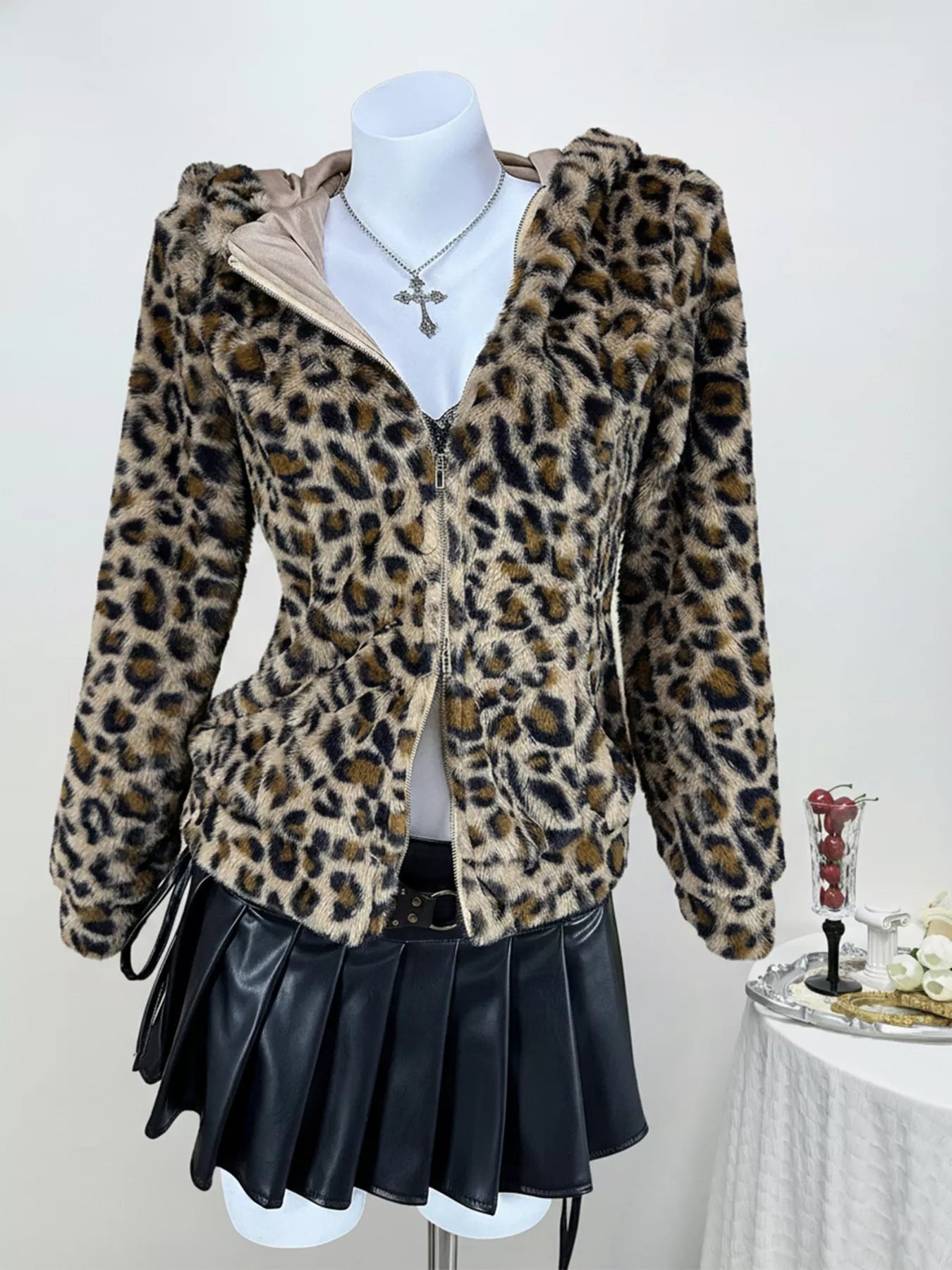 Leopard Plush Zip-Up Hooded Outerwear - Tigbul's Variety Fashion Shop