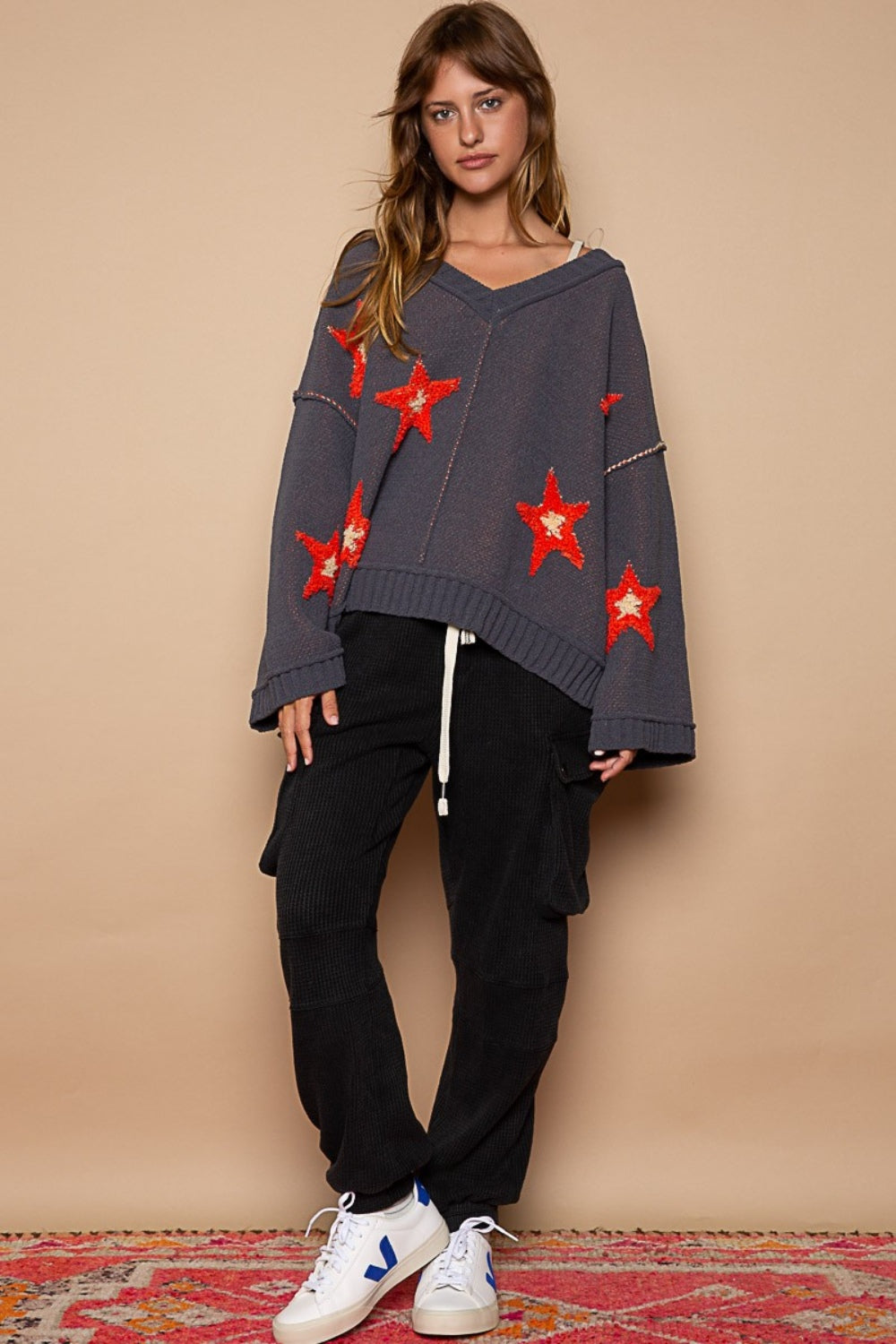 POL Long Sleeve Star Patch Sweater - Tigbul's Variety Fashion Shop