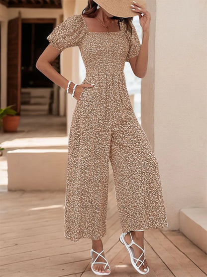 Printed Square Neck Puff Sleeve Jumpsuit - Tigbul's Variety Fashion Shop