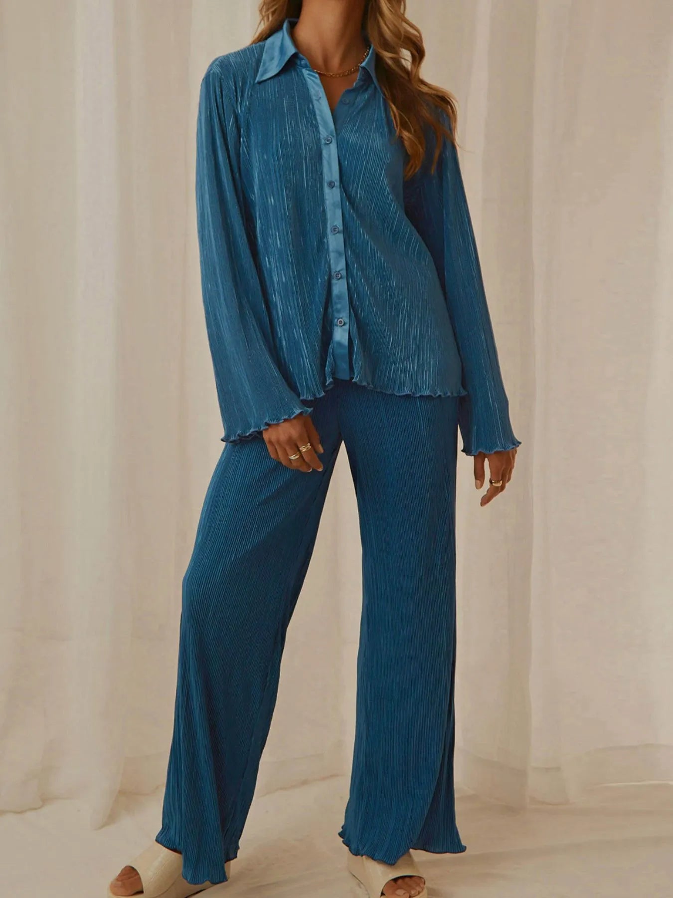 Button Up Long Sleeve Top and Pants Set - Tigbul's Variety Fashion Shop