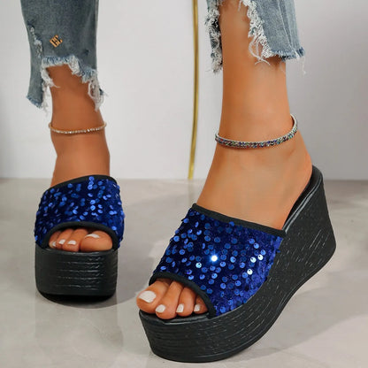 Rhinestone Peep Toe Wedge Sandals - Tigbul's Variety Fashion Shop