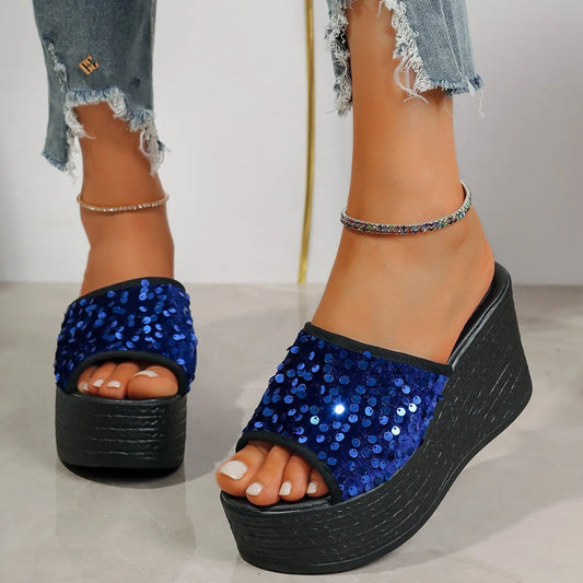 Rhinestone Peep Toe Wedge Sandals - Tigbul's Variety Fashion Shop