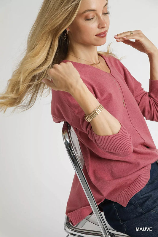 Umgee V-Neck High Low Hem Knit Top with Side Slit - Tigbul's Variety Fashion Shop