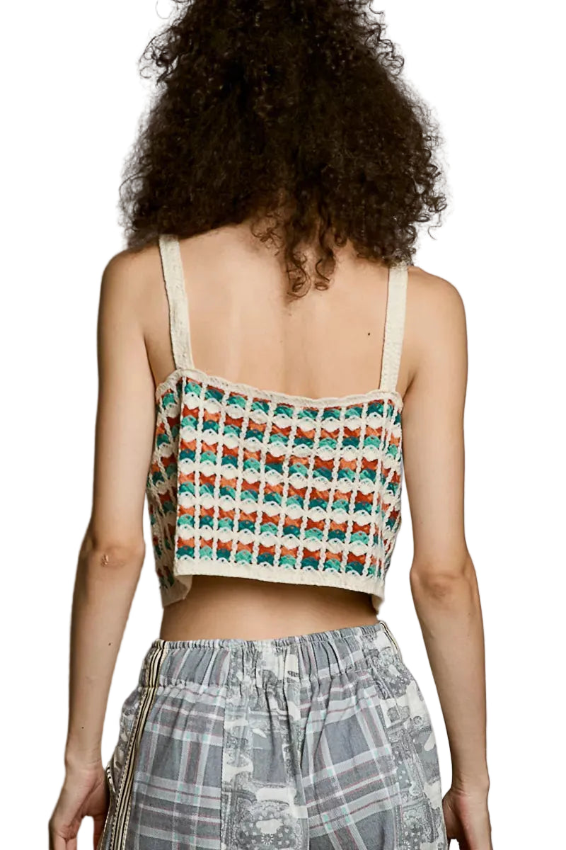 Rückansicht: Cropped Häkel-Cami mit schmalen Trägern und Zackenabschluss
