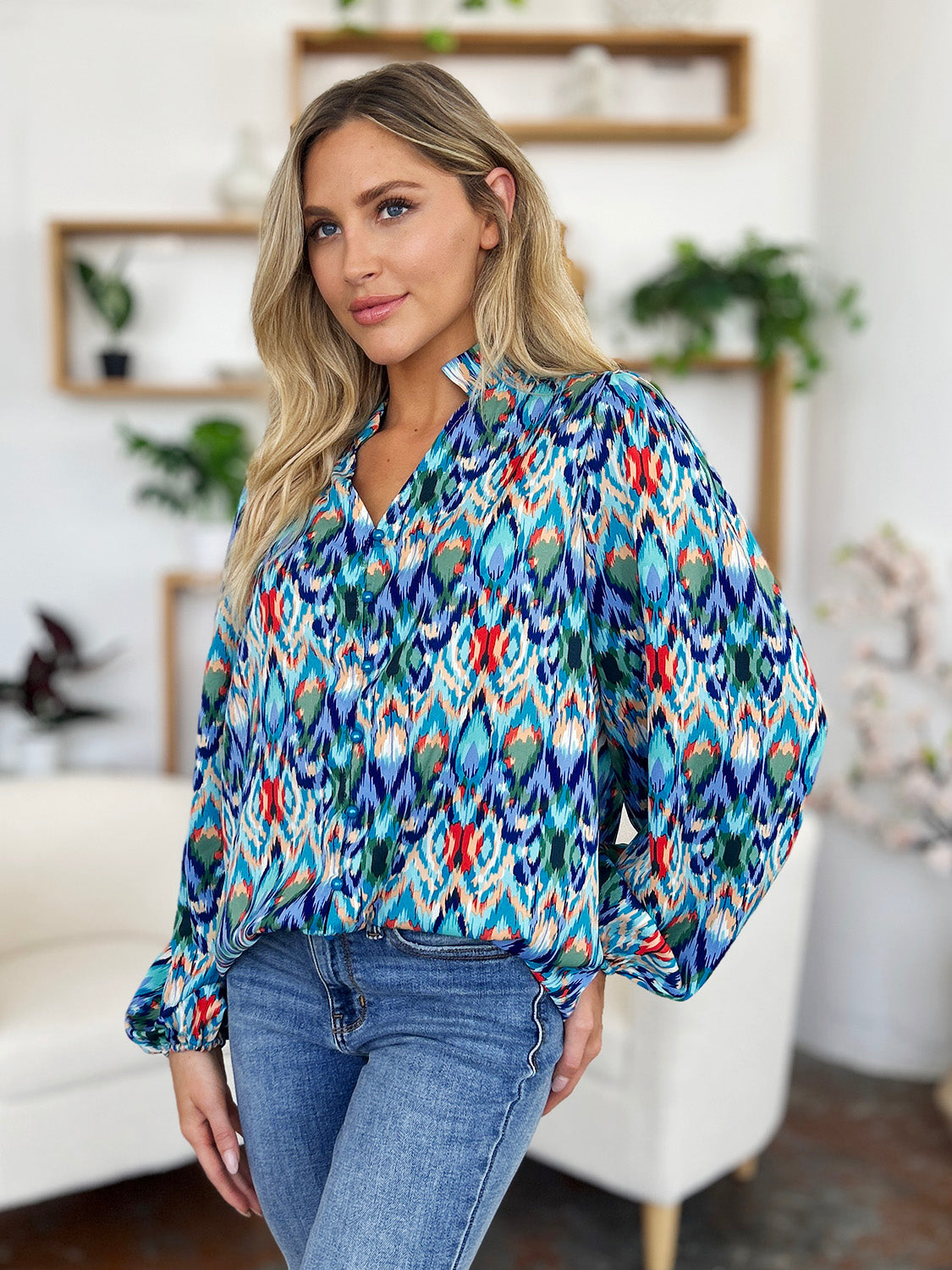 Blue Printed Balloon Sleeve Blouse Small up to 3XL - Tigbul's Variety Fashion Shop