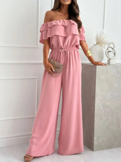 Off-Shoulder Ruffled Wide Leg Jumpsuit - Tigbul's Variety Fashion Shop