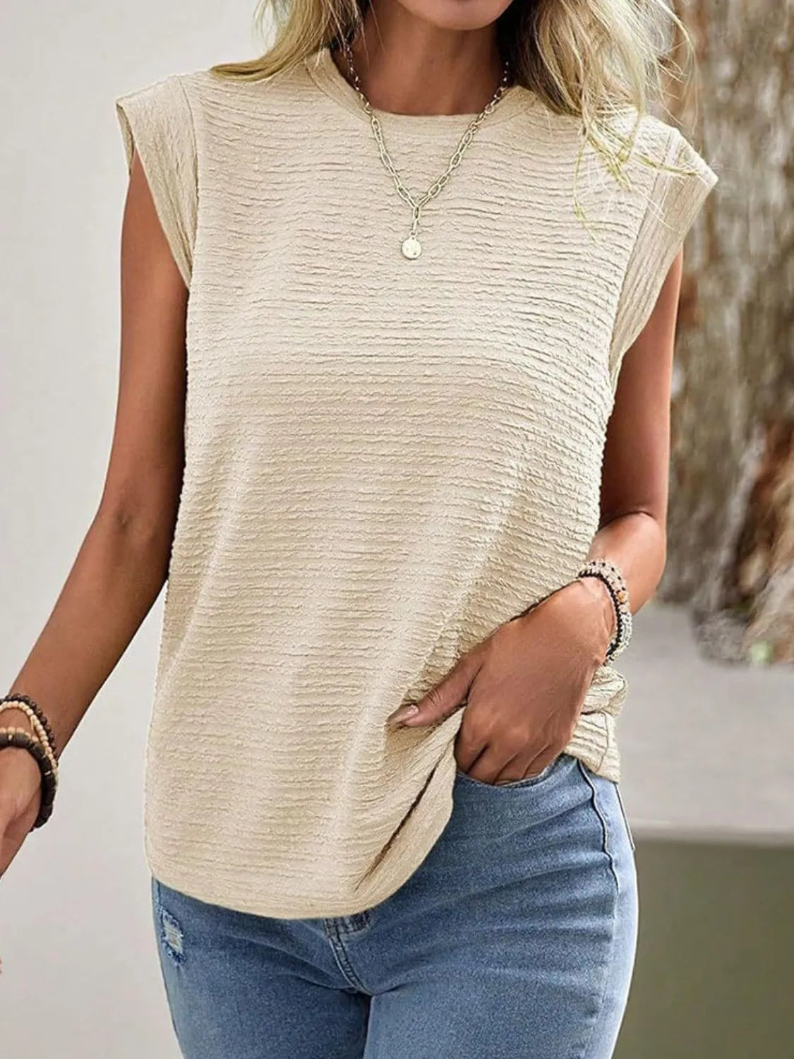 Textured Round Neck Casual Ribbed Top - Tigbul's Variety Fashion Shop