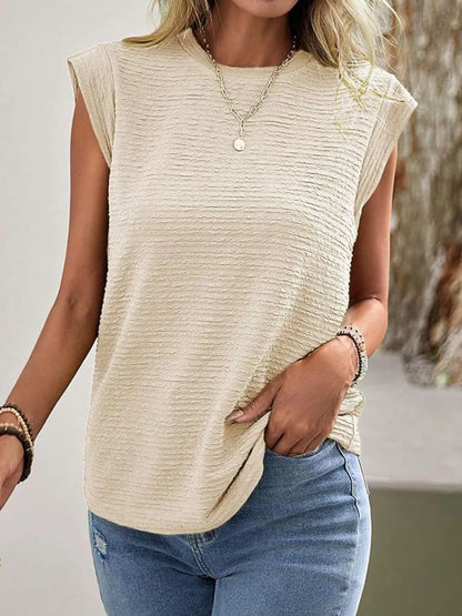 Textured Round Neck Casual Ribbed Top - Tigbul's Variety Fashion Shop