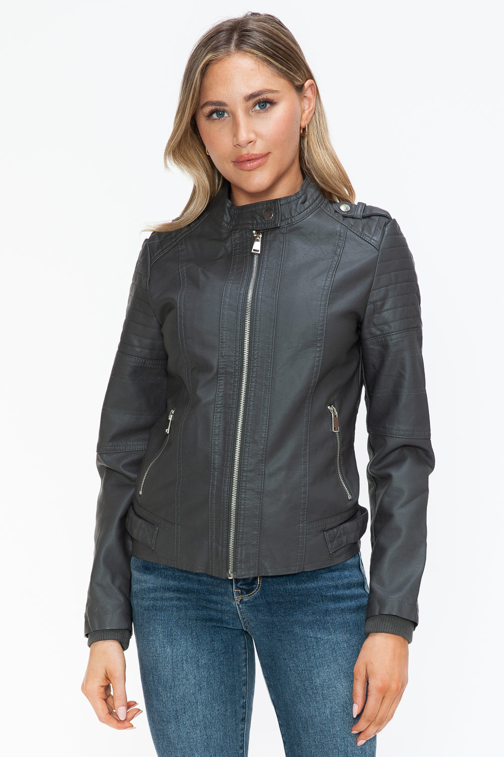 Charcoal PU Leather Biker Jacket with Side Zip Pockets