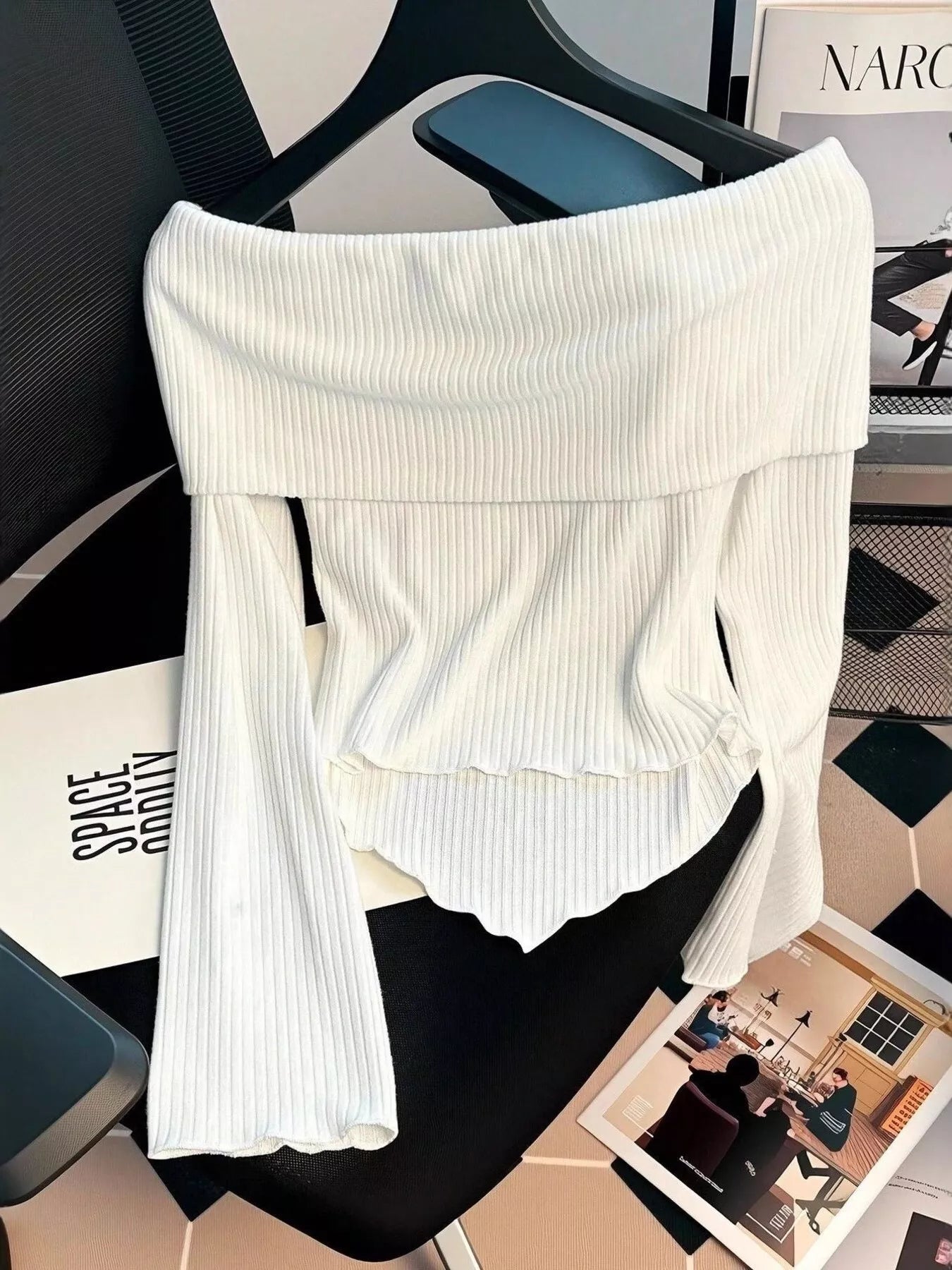 Off-Shoulder Bowknot Ribbed Knit T-Shirt - Tigbul's Variety Fashion Shop